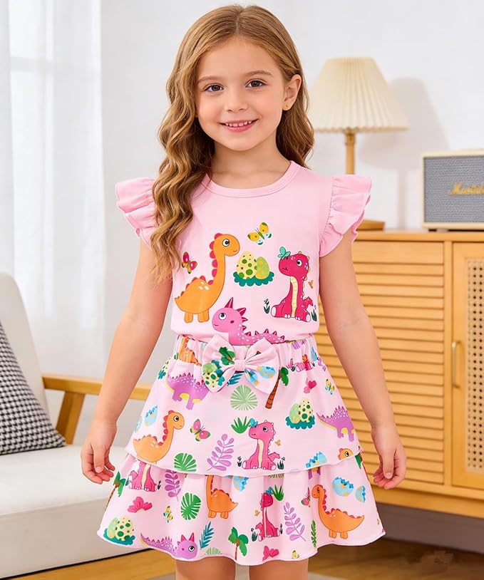Girls Skirt Set 2 Piece Outfit Toddler Summer Clothes Ruffle Sleeve T-Shirt Bow Knot Tutu Skirt Outfit Set