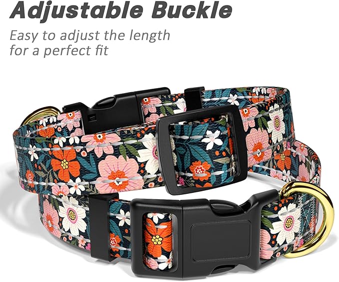 Reflective Dog Collar for Extra Small Dogs, Cute Flower Theme Adjustable Heavy-Duty Nylon Puppy Collar for Boy and Girl Female, Soft Pet Accessories with Quick Release Buckle, Elegant Floral