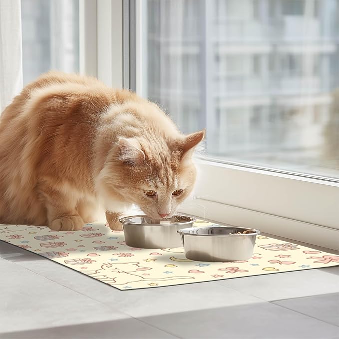 Cute Cat Pet Feeding Mat Adorable Kitten Food Placemat with Gift Bow and Star Print for Dogs and Cats Sweet Non Slip Mat for Dog Cat Food and Water Bowls Home Kitchen Decoration 20" x 12"