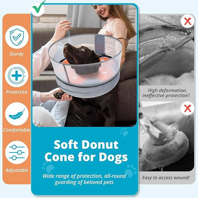 Inflatable Dog Cone with Transparent Shield, Protective Dog Donut Collar After Surgery to Stop Licking, Soft Donut Cone for Medium Pets, Adjustable Recovery Collar with Buckle Visibility