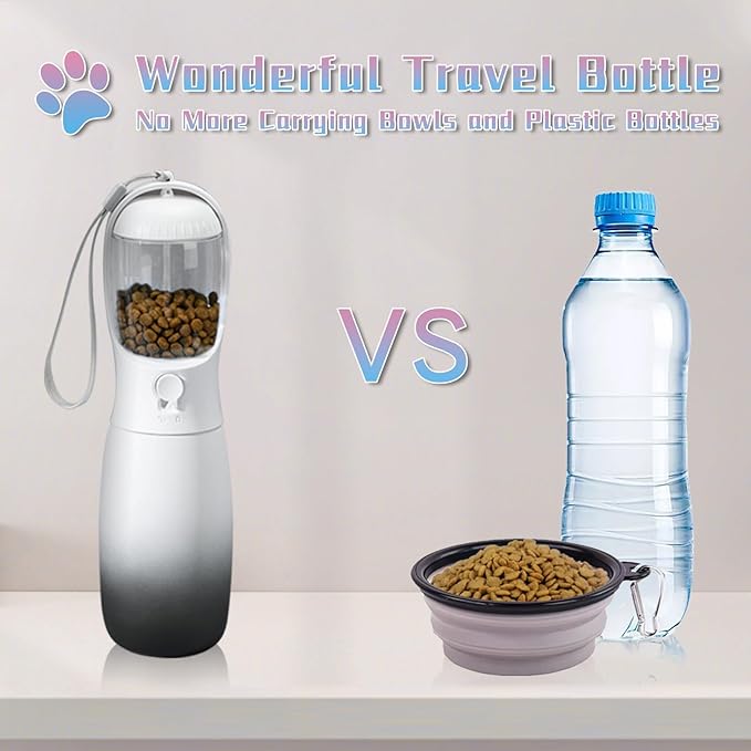 Portable 2-in-1 Pet Water Bottle with Food Container, Large Capacity Dog Water Dispenser, Outdoor Accessories for Camping, Gifts (19Oz, Black&White)