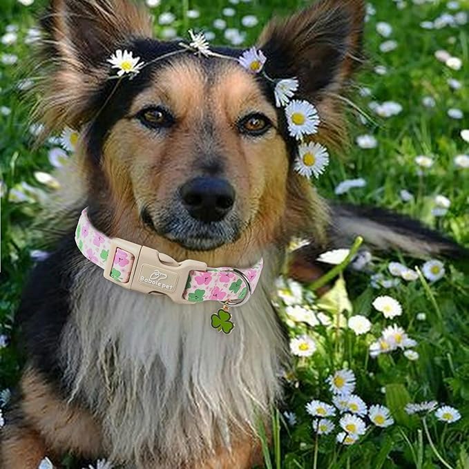 St Patricks Day Dog Collar for Large Dogs - Cute Light Pink Shamrock Girl Dog Collars, Adjustable Irish Clover Puppy Collar with Quick Release Buckle L