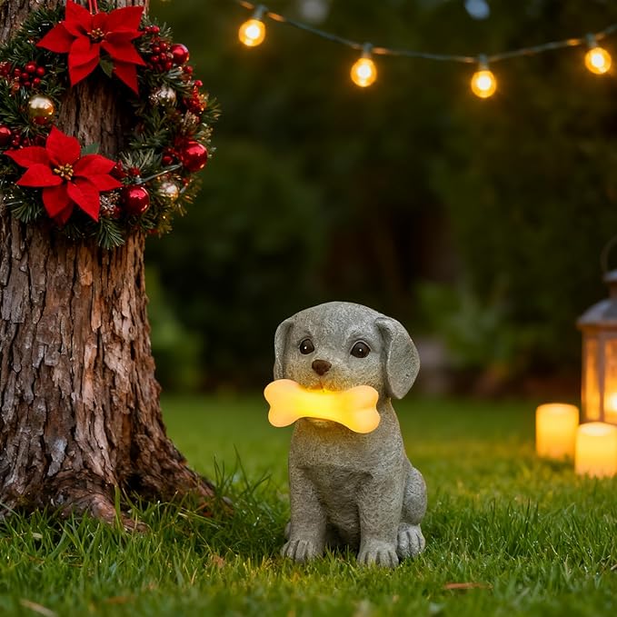 Solar Dog Statue with Glowing Bone Light, Outdoor Puppy Figurine for Garden Yard Decor, Gift for Dog Lovers, Mom, Grandma, Perfect for Birthday, Housewarming, Pet Memorial
