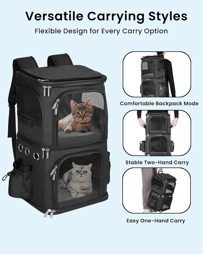 Double-Compartment Pet Carrier Backpack for 2 Cats or Small Dogs, Dual Travel Dog Cat Carrier wih Breathable Mesh Windows, Fits Pets up to 20 lbs, Perfect for Traveling/Hiking/Camping, Black