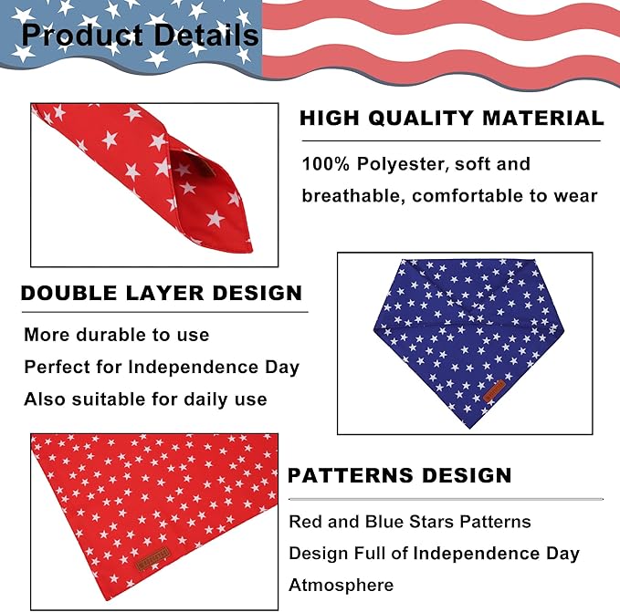 ADOGGYGO Star Dog Bandana 2 Pack, Reversible Red Blue Patriotic Pet Scarf Bib, Adjustable Fit 4th of July Star Bandanas for Medium Large Dogs Pets (Large)