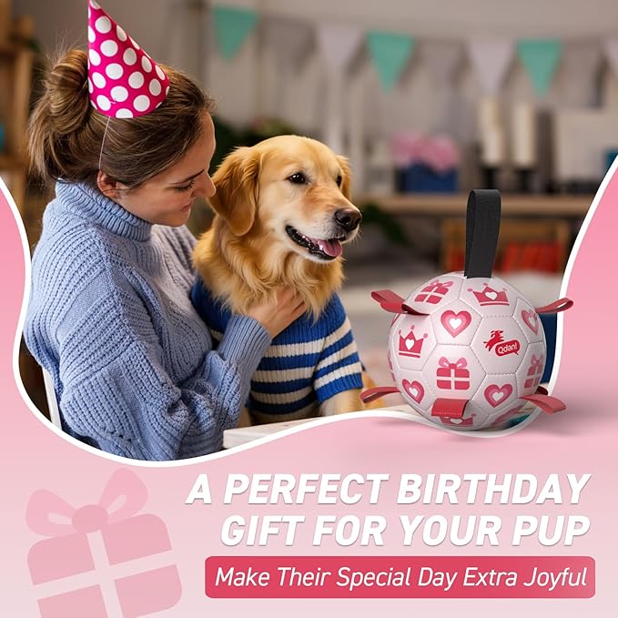 QDAN Valentines Gift Dog Toys, Pink Soccer Ball with Straps, Interactive Tug of War Toy, Puppy Birthday Gifts, Water Toy, Durable Dog Balls for Medium Large (8 Inch)