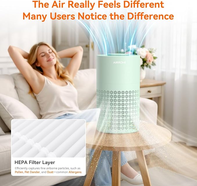 AIRROMI Air Purifier for Bedroom with HEPA 3-in-1 Filter, Pet Air Purifier for Home Cat Pee Smell, Covers Upto 990 Ft², Quiet 360°intake Air Cleaner for pet hair,allergies,Dust,Smoke A2001 Green