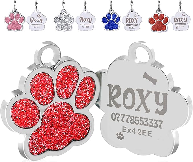 EDSG Cat Dog Tags Personalized for Pets, Dog Name Tags Cat Name ID Tag, Engraved Dog Tags Dog ID Tags Small Glitter Bling ID Tag Paw Print for Cat Pet Dog Puppy(Red,Design 2)