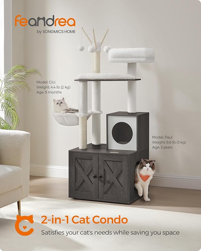 Feandrea Cat Tree with Litter Box Enclosure, 59-Inch Modern Cat Tower, 2-in-1 Condo with Scratching Posts, Washable Removable Cushion, Misty Gray UPCT113G02