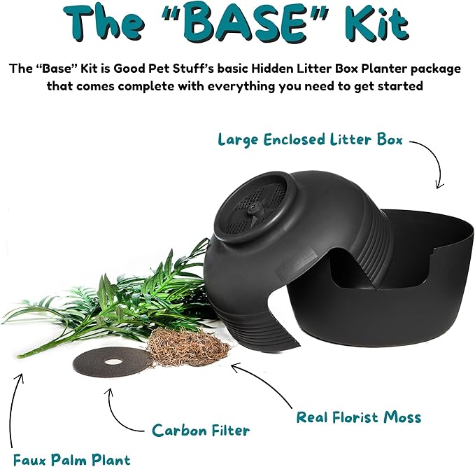 Good Pet Stuff Hidden Litter Box Planter, Decorative Cat Litter Enclosure with Carbon Filter, Artificial Plant, Easy Clean, Indoor Design, Original Round Style, Base Kit, Black Suede