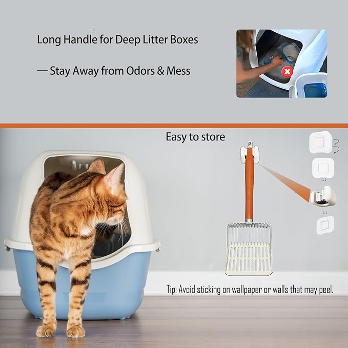 Designed for Deep Litter Boxes, Long Handle Metal Cat Litter Scoop with Holder, Keeps Hands Clean and Away from Odor, Stainless Steel