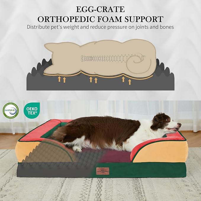 Comfort Expression Orthopedic Dog Bed for Large Dogs 36x27 Inch, Waterproof Egg Crate Foam Large Pet Bed with Removable Bolsters, Dog Couch with Washable Cover & Non-Slip Bottom, Watermelon Meadow