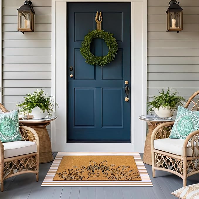 Tinideya 2 Pcs Easter Day Door Mat Welcome Outdoor Non Slip Coir Mats Flower and Bunny Floor Layering Doormats Seasonal for Front Porch Entryway Decor (Easter Bunny)