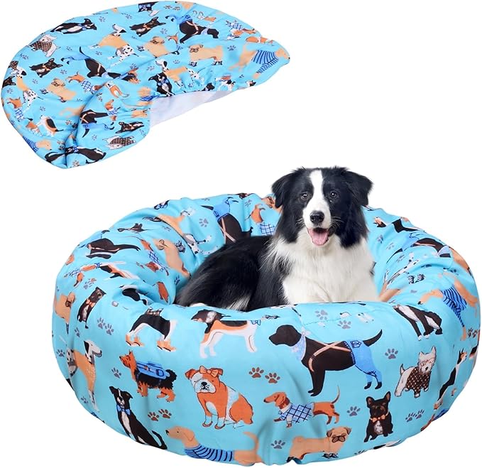 Round Replacement Dog Bed Covers Elastic Edged Washable Pet Bed Protector with Cute Dog Pattern Design for Small & Medium Pet Beds, Cover Only (Blue, 30×9.8 Inch)