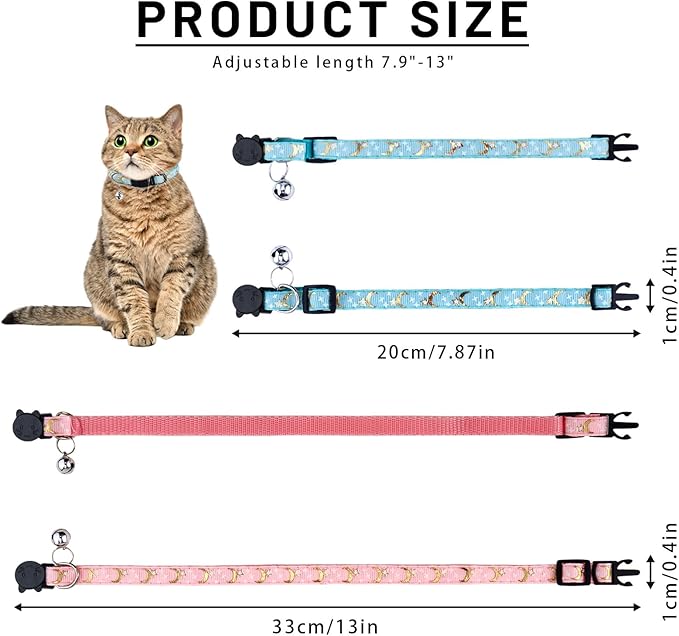 8 PCS Cat Collars with Bell Moons Stars, Reflections Cat Collar with Bells, Breakaway Cute Kitty Collar for Cats, Pet Gifts, Accessories (8 Colors)