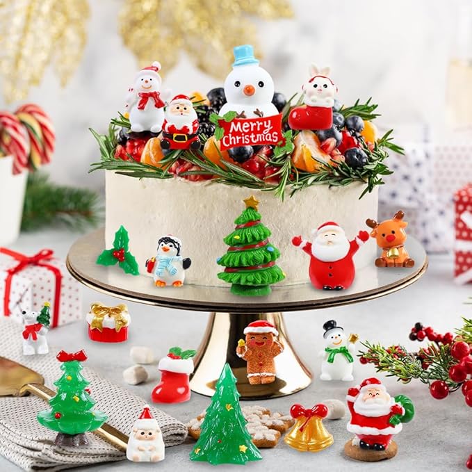 DIYDEC 32Pcs Christmas Miniature Figurines, Mini Resin Figurines to Hide Small Resin Santa Claus Snowman Xmas Trees Animals for Xmas Goodie Bag Fillers Winter New Year Holiday Party Favors Decorations