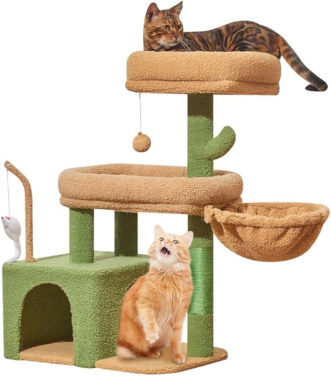 Taoqimiao MS043T Cat Tree, 32.2-Inch Cat Tower for Indoors Cats, Cat Condo with Large Cat Perch, Spacious Cat Cave, Scratching Posts for Small and Medium Cats, Cactus