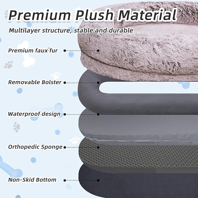 Human Dog Bed, 71''x45''x12'' Size Fits You and Pets, Washable Faux Fur Pet Bed for People Doze Off, Napping Orthopedic Dog Bed, Present Plump Pillow, Blanket, Strap - RustWhite