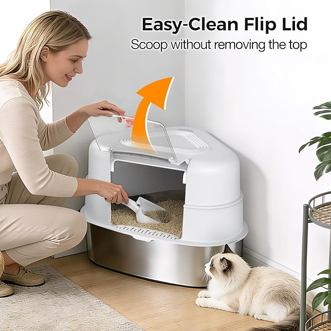 XL Stainless Steel Corner Cat Litter Box with Lid - Sturdy, No Odor & Space-Saving Hidden Design for Large Cats, White