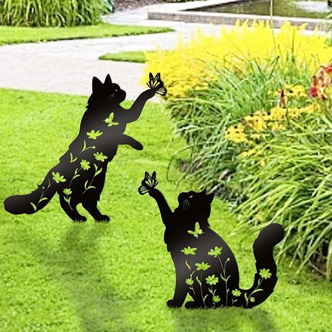 Bnesi Floral Long-Haired Cat Yard Decor Pet Grave Markers Metal Sign Silhouette Garden Ornament Pet Grave Markers Outdoor Cat Memorial Gift Flowerbed Decor (Lively)