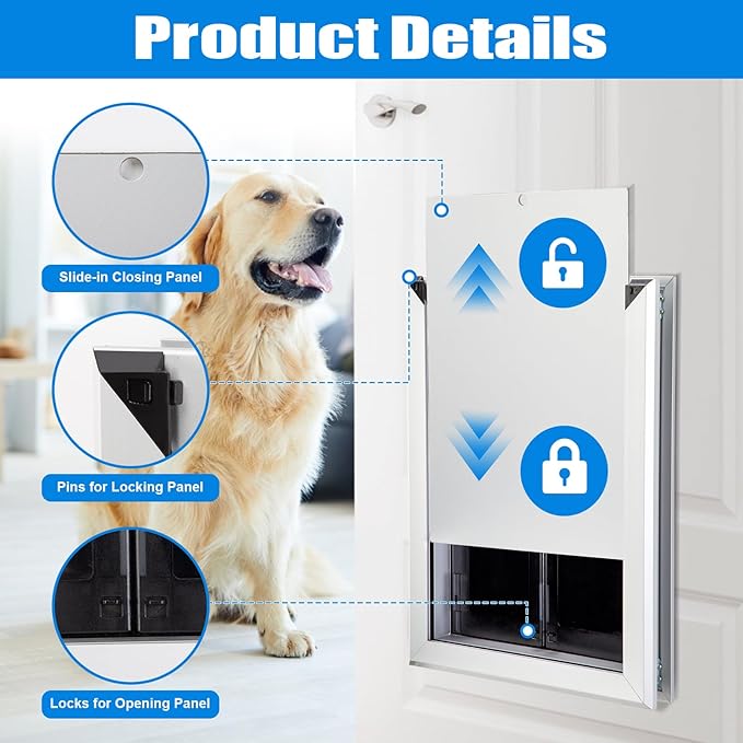 Aluminum Pet Door with Panels,Durable Dog Door with Automatic Closing Magnetic Flaps, Slide-in Panel & 4 Security Locks, Suitable for Interior and Exterior Doors, Screen and Wall, Large, Sliver