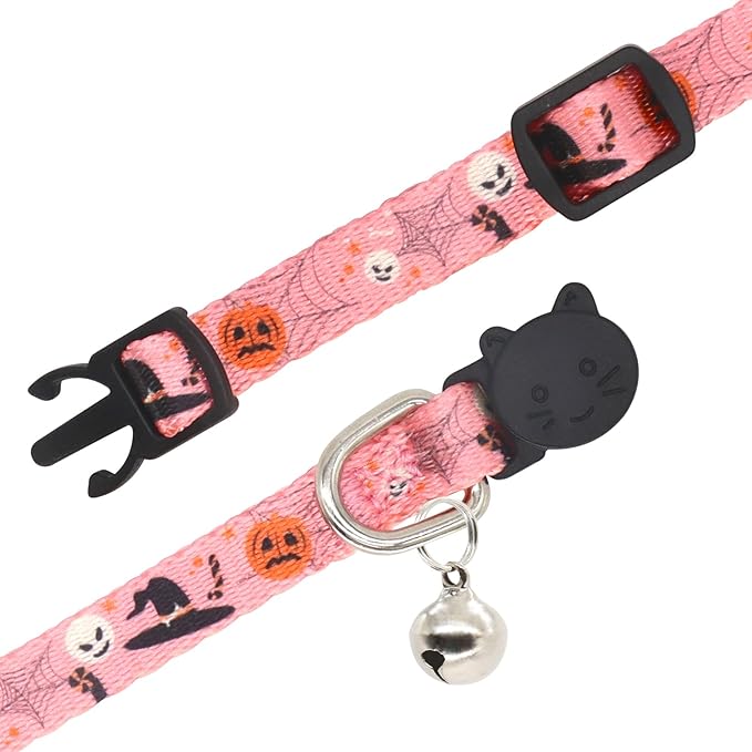 Halloween Cat Collar, 2 Pack, Breakaway Cute Cat Collar with Bells, Halloween Pink