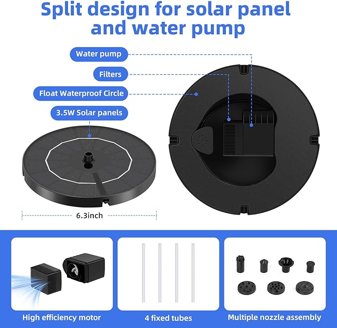 Solar Fountain for Bird Bath, Solar Water Fountain with Multiple Nozzles & Fixed Pipes, Upgraded Version 3.5W Solar Water Pump, Suitable for Bird Bath, Garden, Courtyard, Fish Tank, Outdoor