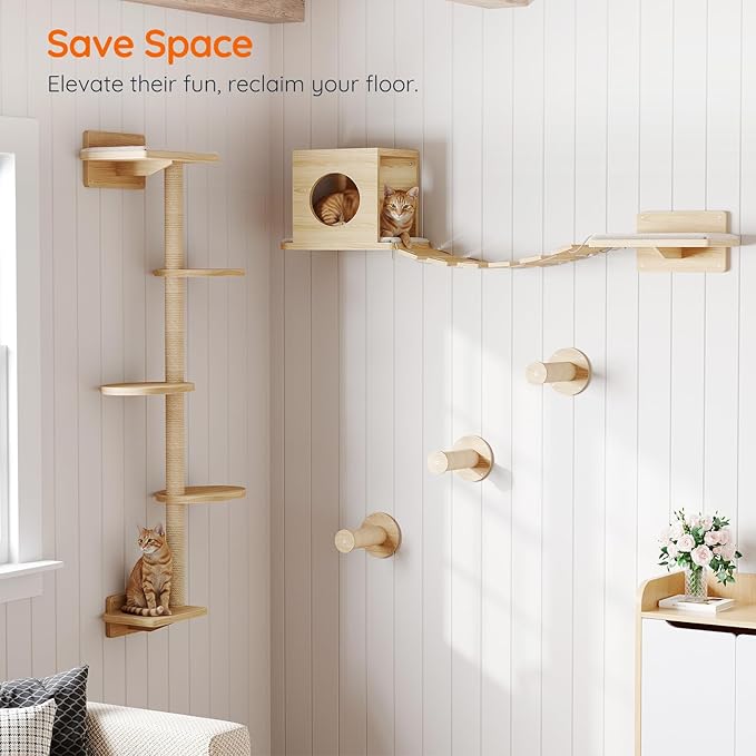 HOOBRO Wood Cat Wall Shelves for Large Cats, 11-Piece Cat Wall Furniture, Wall-Mounted Shelves with House, Hammock, Ladder, Scratching Posts and Step, Climbing Wall for Multiple Cats, Natural NL46CS03
