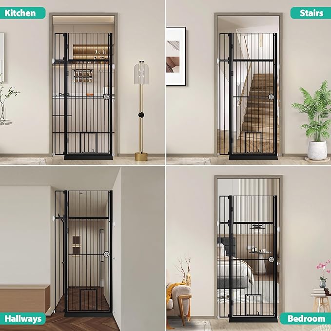 71" Extra Tall Pet Gate with Cat Door, 30"-37.5" Adjustable Wide, No Drill Pressure Mounted Auto-Close Safety Pet Gate Walk Through Safety Cat Gate