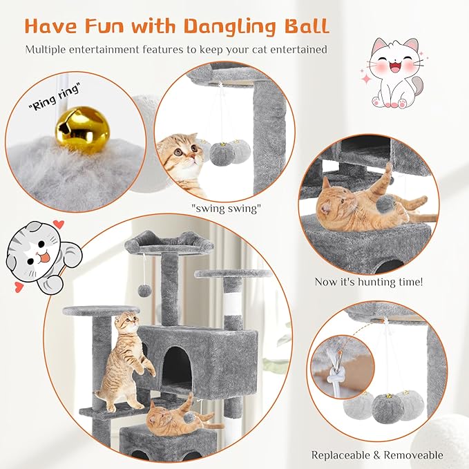 Sweetcrispy 54 Inch Cat Tree Tower, Multi-Level Tower with Cat Scratching Post, Indoor Cat Condo with Climbing Ladder, Plush Toy, Play House for Cat, Light Grey