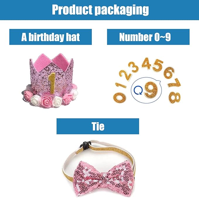 Pet Birthday Hat, Dog Birthday Crown Hat and Bowtie with 0-9 Figures Charms Party Accessories for Small Medium Dogs Cats (PINK)