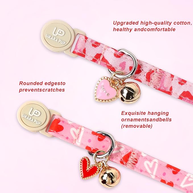 Cat Collar, 2Pack Valentine's Day Kitten Collars Cute Breakaway Cat Collar with Bell, Red Love Heart Pink Hearts Kitty Collars Adjustable Size for Girl and Boy Cats
