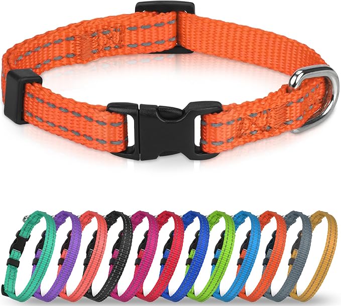 Joytale Small Dog Collar, Reflective and Adjustable Nylon Collar with Quick-Release Buckle, Lightweight No-Choke Design for Puppy and Extra Small Dogs, Orange, XS