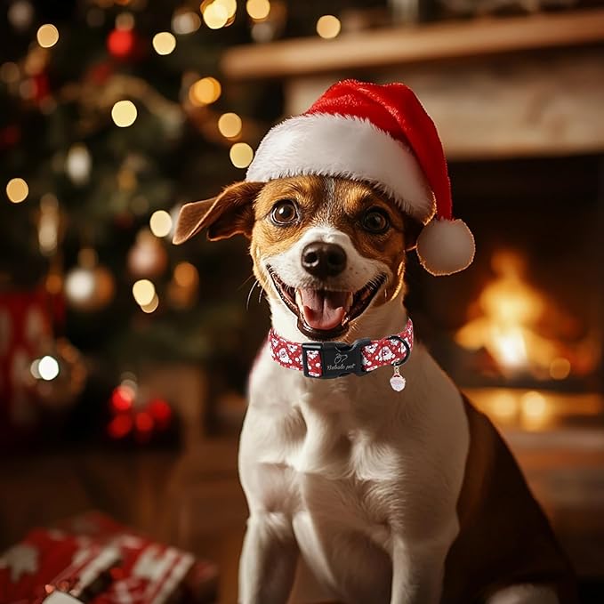 Christmas Dog Collar - Cute Red Santa Christmas Puppy Collar with Safety Buckle, Soft Adjustable Holiday Dog Collars for Small Medium Large Dogs L