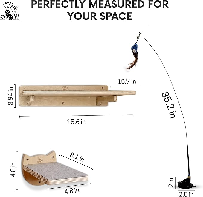 Snuggle & Play Cat Wall Shelves & Climbing System – Modern Furniture Set with 3 Steps & Perch for Indoor Cats, Includes Wand Toy