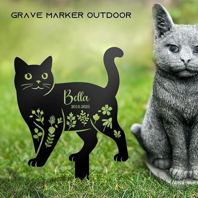 Custom Cat Grave Markers Outdoor - Personalized Cat Metal Memorial Plaque with Stake for Cemetery, Garden or Yard Decor - Waterproof Tombstone, Pet Loss Sympathy Gifts
