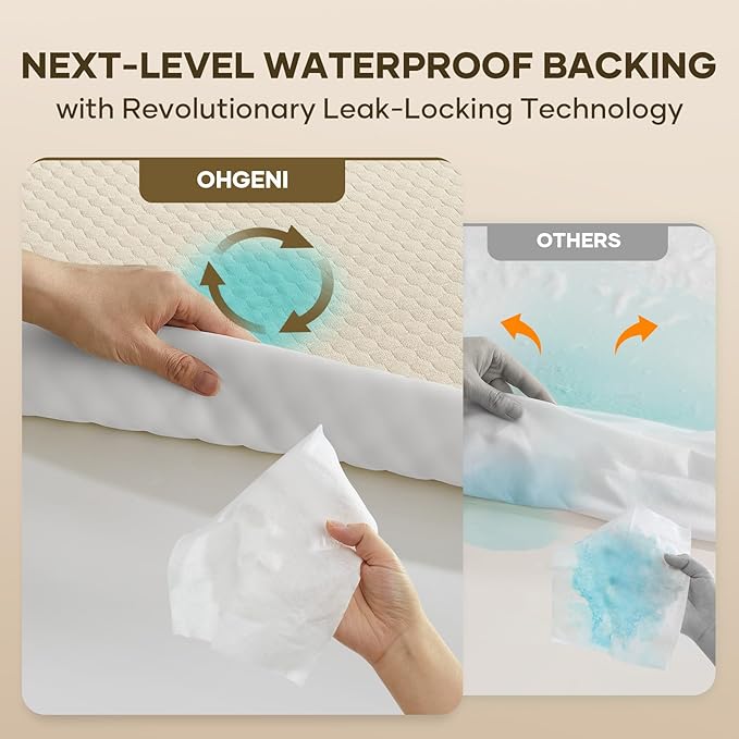 OhGeni 100% Waterproof Mattress Protector, Queen-Beige Size Mattress Pad, Fits 6"-20" Mattresses with Deep Pocket, Cooling, Breathable Fitted Sheets, Soft Bed Cover, Noiseless, Machine Washable