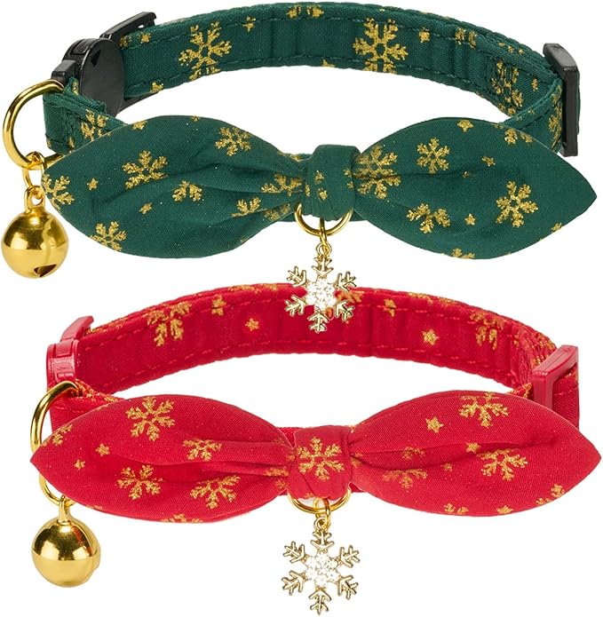 Bunny Ear Christmas Bowtie Cat Collar with Bell 2 Pack Cotton Breakaway Snowflakes Holiday Kitten Collars(Red+Green)