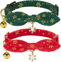 Bunny Ear Christmas Bowtie Cat Collar with Bell 2 Pack Cotton Breakaway Snowflakes Holiday Kitten Collars(Red+Green)