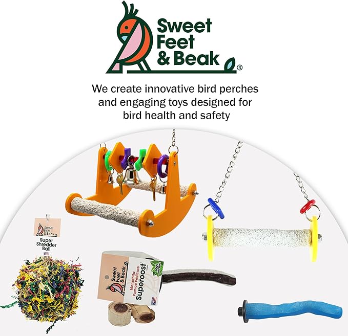 Sweet Feet and Beak Roll Bird Swing - Pumice Perch Bird Toys Trims Nails and Beaks, Safe and Non-Toxic Bird Cage Accessories for Small and Large Birds, Swinging Toys Birds Will Love, Small 7.5 Inches