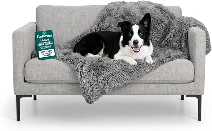 Furhaven Waterproof Throw Blanket for Dogs & Indoor Cats, Washable - Shaggy Plush Calming Long Faux Fur & Velvet Dog Blanket - Gray, Large