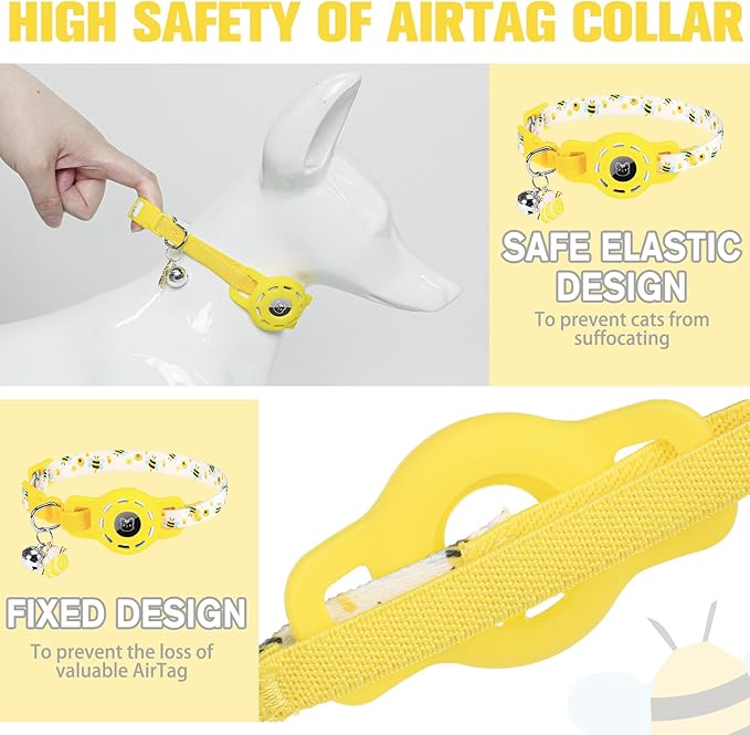 BINGPET AirTag Cat Collar with Bells, Upgraded Safety Elastic Cat Collar with Airtag Cat Collar Holder, Anti-Lost Cat Collars for Girl Boy Cats, Anti-Suffocation Kitty Puppy Collars
