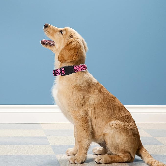 Reflective Dog Collar, Adjustable Soft Neoprene Padded Nylon Pet Collars with Buckle for Puppy and Small Dogs, Cats, Leopard Pink,S