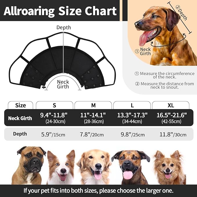 Allroaring Dog Cone, Soft Dog Cones for Small Dogs, Adjustable Doggie Cone Collar to Stop Licking, Professional Pet Recovery Cones E-Collar for Dogs Aftert Surgery Wound Healing, Black S