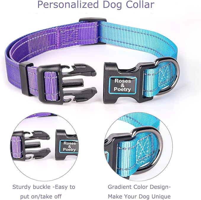 Roses&Poetry Reflective Dog Collar with Gradient Violet, Adjustable Durable Pet Collars for Small Medium Large Dogs (Violet-L)