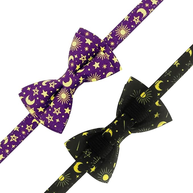 2 Pack Cotton Cat Collar with Bow Tie and Bell for Girl Boy Cats,Cute Pink Flamingo and Blue Whale Pattern Spring Summer Breakaway Cat Collar for Male Female Cats (Moon)