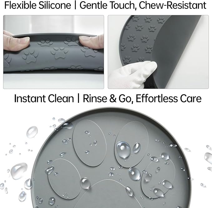 Silicone Dog Food Mat,Silicone Pet Food Mat Cat,Rubber for Dog Bowls Mats for Food and Water Bowl Feeding Round Paw Print（1 Pcs，Gray）