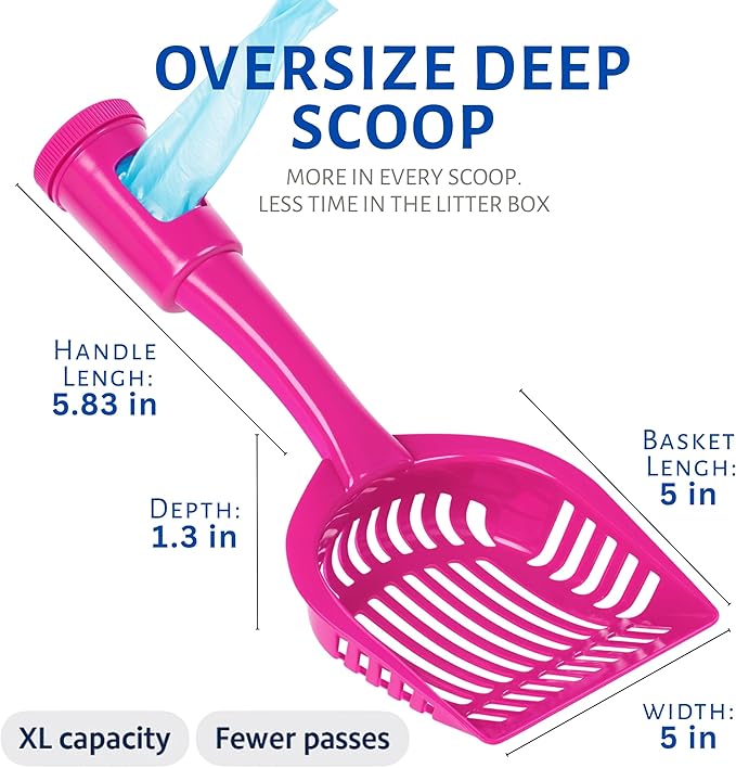 2-in-1 Pooper Scooper with Bag Attachment, Cat Litter Shovel Scoop with Bag, Built-in Dispenser, Includes Trash Roll, Rinse-Clean, Anti-Stick, Smart Sifter, Long Handle (Hot Pink)