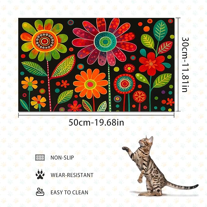 Vibrant Flower Pattern Pet Food Mat Spill-Proof Cat Feeding Mats Non-Slip Mat for Dog Food and Water Bowls Trendy Easy Clean Fast Dry Cat Food Mats for Indoor Cats 20" x 12"