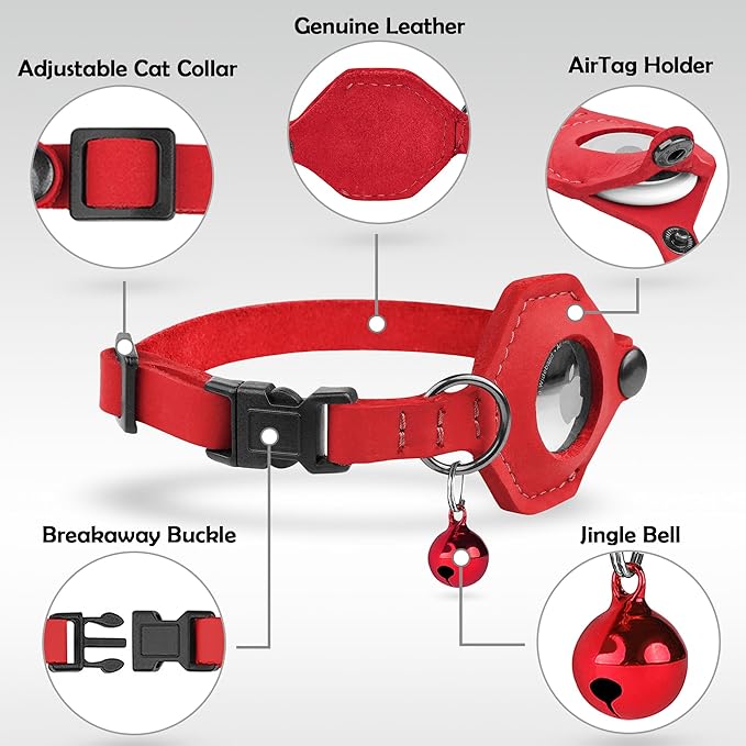 Breakaway Airtag Cat Collar with Removable Bell - Leather Soft Pet Collar with Apple Air Tag Holder - Adjustable GPS Collars for Girl Boy Cats Kitten Puppy - Lightweight, Cute and Comfortable (Red)